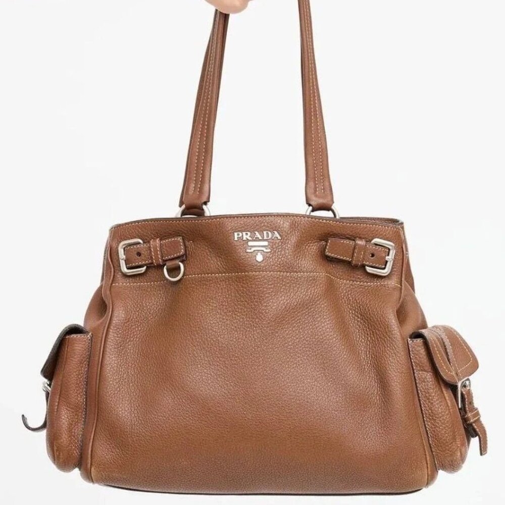 Prada Vitello Daino Side Pocket Tote / Shoulder Bag in Brown